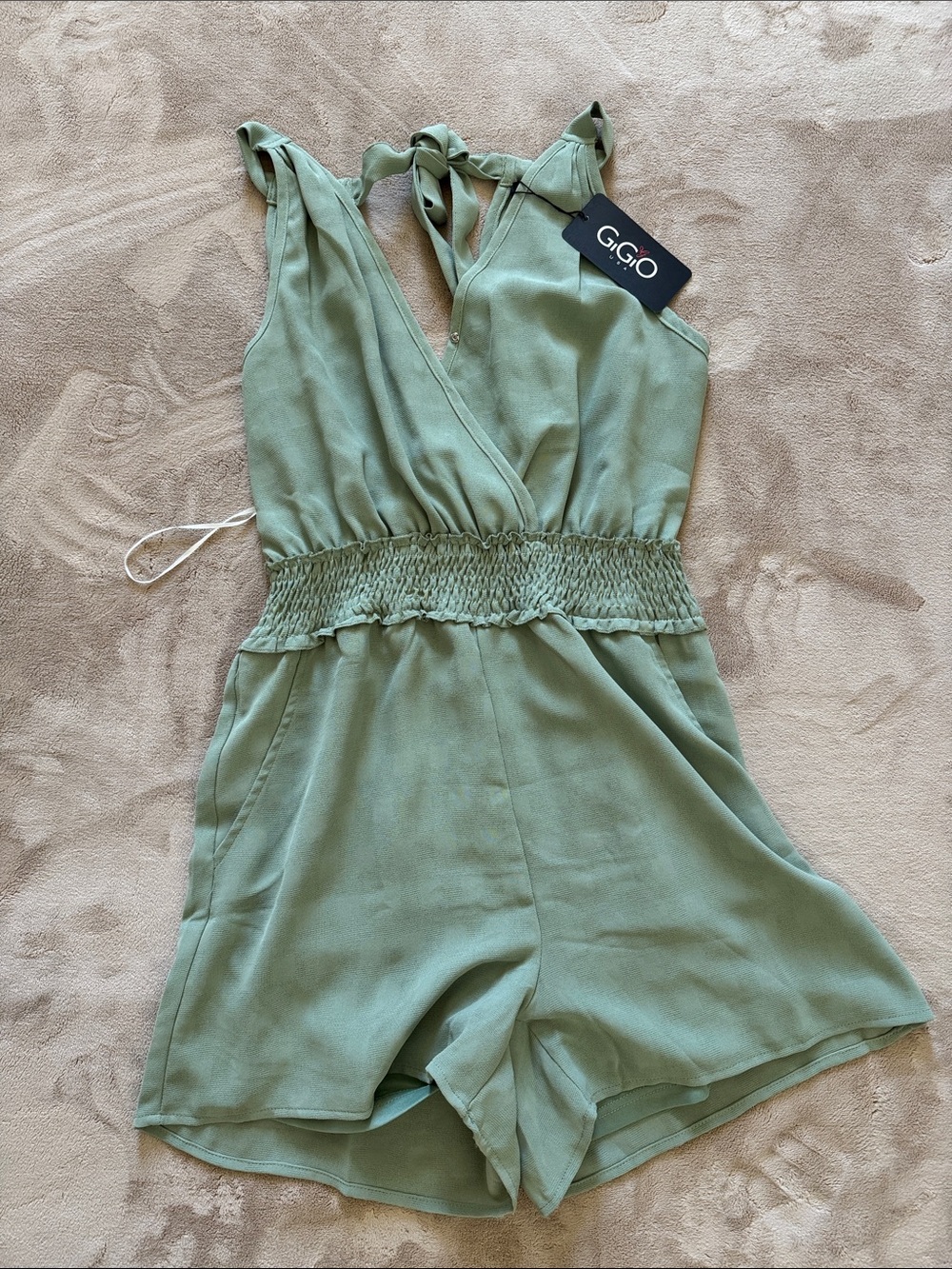NWT: GiGo Olive Green Smocked Waist One-Piece
